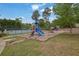 Community playground with slides, a tennis court, picnic tables, and green space at 2988 Belfaire Lake Dr, Dacula, GA 30019