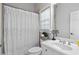 Bathroom with shower featuring a white sink vanity, granite countertop, and modern decorative touches at 3519 Preserve Se Dr, Atlanta, GA 30339