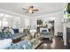 Open concept living room featuring a fireplace, hardwood floors, and stylish gray furnishings at 200 Cherokee Reserve Cir, Canton, GA 30115