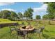 Backyard featuring a stone fire pit surrounded by chairs, ideal for outdoor gatherings at 3480 Indian Shoals Rd, Dacula, GA 30019