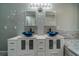 Bathroom featuring dual sinks with blue vessel sinks, white cabinets, and modern gray tiled backsplash at 123 Chippewa Run, Auburn, GA 30011