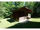 Rustic outbuilding surrounded by lush greenery, with a distinctive roof and exterior design at 4289 Post Rd, Winston, GA 30187