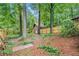 View of the fenced backyard showing lush landscaping, mature trees, and a shed at 3431 Alcan Way, Tucker, GA 30084
