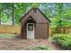 View of storage shed in the backyard with an access door and brick perimeter at 3431 Alcan Way, Tucker, GA 30084