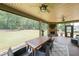 Covered porch overlooking large backyard with outdoor table and seating furniture at 265 Enfield Ln, Mcdonough, GA 30252