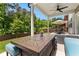 Covered patio with a gas fire pit table at 510 Cunninghame Ct, Peachtree City, GA 30269