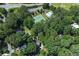 Aerial view showcasing the community pool, tennis court, and mature trees at 4655 Latimer Ne Ct, Kennesaw, GA 30144