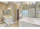 Well-lit bathroom features white vanities with sinks, a shower, and a view to the closet at 315 Glengarry Chase, Covington, GA 30014