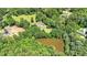 Expansive aerial view of the property featuring a pond and surrounding trees for privacy at 3909 Laurens Ln, Snellville, GA 30039
