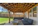 Covered outdoor living space with comfortable seating, a coffee table, and a stylish roof at 150 Ivy Chase Loop, Dallas, GA 30157