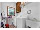 Bright laundry room with white washer and dryer, built-in sink and storage at 3765 Cannonwolde Dr, Snellville, GA 30039