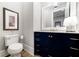 Chic powder room featuring a navy blue vanity with gold hardware, and decorative artwork at 00 Memory Ln, Canton, GA 30115
