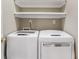 Laundry room area with white front-load washer and dryer and shelving above at 110 Wellington Way, Canton, GA 30115