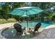 Outdoor pool with chairs sitting in the water, surrounded by large shade umbrella and mature trees at 110 Wellington Way, Canton, GA 30115