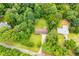 Aerial shot of the house and surrounding landscape, highlighting the wooded area at 100 Eldorado Dr, Carrollton, GA 30116