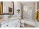 Modern bathroom with a glass-enclosed shower, white vanity, and granite countertop at 502 Abbington River Ln, Atlanta, GA 30339