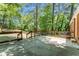 Private patio with wood railing overlooks the serene backyard with mature trees and greenery at 2174 Rexford Dr, Decatur, GA 30034