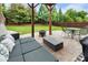 Inviting backyard patio featuring a seating area, fire pit, and lush green lawn at 216 Orchard Trl, Canton, GA 30115