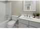 Clean bathroom featuring shower-tub combo and a grey vanity with a white sink at 3600 Goldenrod Dr, Alpharetta, GA 30005