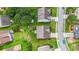 Bird's eye view of a home showcasing a green yard, driveway, and proximity to nearby trees and houses at 5280 Lakerock Way, South Fulton, GA 30331