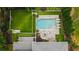Aerial view of a backyard featuring a pristine pool, fire pit, lush landscaping, and manicured lawn at 4048 Navajo Trl, Brookhaven, GA 30319