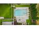 Aerial view of a backyard featuring a pristine pool, fire pit, lush landscaping, and manicured lawn at 4048 Navajo Trl, Brookhaven, GA 30319
