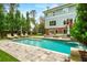 Serene backyard featuring a sparkling pool, waterfall, lounge chairs, seating with a fire pit, and lush landscaping at 4048 Navajo Trl, Brookhaven, GA 30319