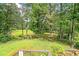 Beautiful backyard with mature trees, lush greenery, and a tranquil pond at 12162 Mountain Laurel Dr, Roswell, GA 30075