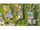 Aerial view of a home surrounded by lush greenery, mature trees, and a pristine pool at 511 Etris Ct, Roswell, GA 30075