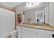 Bathroom featuring granite countertops, white cabinets, and a shower with a white curtain at 511 Etris Ct, Roswell, GA 30075