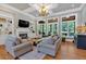 Bright living room featuring a fireplace, built-in shelving, and large windows at 511 Etris Ct, Roswell, GA 30075