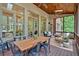 Screened-in porch with wood ceiling and floors, outside dining and seating furniture, and outdoor views at 511 Etris Ct, Roswell, GA 30075