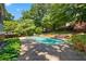 A kidney-shaped pool with a concrete deck surrounded by greenery in a private backyard at 1180 Branch Water Ct, Dunwoody, GA 30338