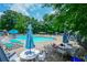 Enjoy the community pool featuring seating, lounging areas and mature shade trees surrounding the area at 1304 Carrington Way, Lawrenceville, GA 30044