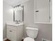 Stylish half bathroom featuring a new vanity with a modern light fixture and a white toilet at 2002 Twin Falls Rd, Decatur, GA 30032