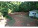 Aerial view of the property showing a shed and wooded area at 6675 Millwood Rd, Cumming, GA 30041