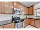 Close up of a modern kitchen featuring stainless steel appliances and dark granite countertops at 2425 Delamore Chase, Duluth, GA 30097