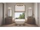 Bright bathroom with double sinks, a soaking tub, natural light, and warm wooden accents at 654 Longleaf Dr, Atlanta, GA 30342