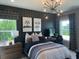 Well-lit bedroom showcasing stylish decor and large windows overlooking backyard at 750 Keystone Dr, Woodstock, GA 30188