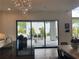Modern kitchen with black countertops and sliding glass door to backyard at 750 Keystone Dr, Woodstock, GA 30188