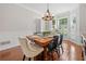 Dining area showcasing natural light, modern chandelier, and classic wainscoting at 1313 Cobblestone Ln, Woodstock, GA 30189
