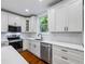 Close up of the kitchen with white cabinets, stainless steel appliances, and quartz countertops at 159 S Forest S Ave, Social Circle, GA 30025