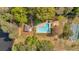 Stunning aerial shot of the backyard with a pool, surrounded by woods, adjacent to tennis courts at 510 Watergate Ct, Roswell, GA 30076