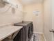 Functional laundry room with modern washer and dryer, plus storage and folding space at 230 Haleys Ct, Woodstock, GA 30188