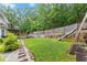 A backyard with lush green grass, a fenced perimeter, and lots of shade at 9048 River Bend Ct, Villa Rica, GA 30180