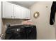Laundry room with front loading washer and dryer and built-in storage cabinets at 9048 River Bend Ct, Villa Rica, GA 30180