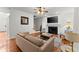Living room with hardwood floors, fireplace, and neutral-toned sofa and chairs at 9048 River Bend Ct, Villa Rica, GA 30180
