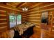 Rustic dining room with wood paneling and sliding glass doors to the deck at 2905 Cammie Wages Rd, Dacula, GA 30019