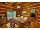 Charming dining room with a rustic wooden table, chandelier, and easy access to an outdoor deck at 2905 Cammie Wages Rd, Dacula, GA 30019