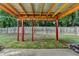 Back patio with a fenced yard, supported by red pillars, and a metal sheet overhead covering at 2477 Lakebrooke Dr, Marietta, GA 30066